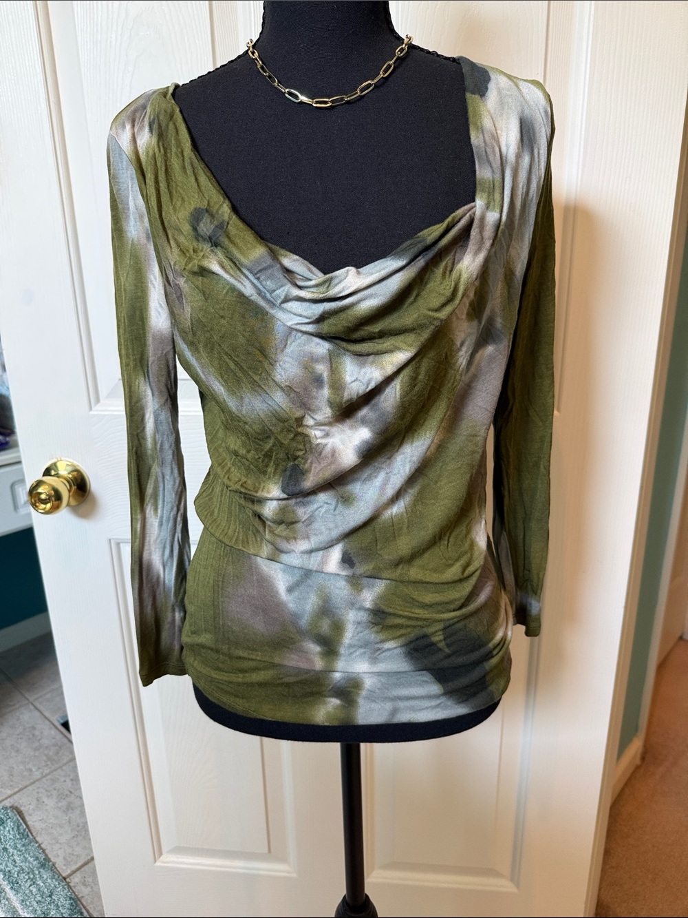 MICHAEL Michael Kors Olive and Gray Camo/Tie Die Cowl-Neck Long Sleeve Top